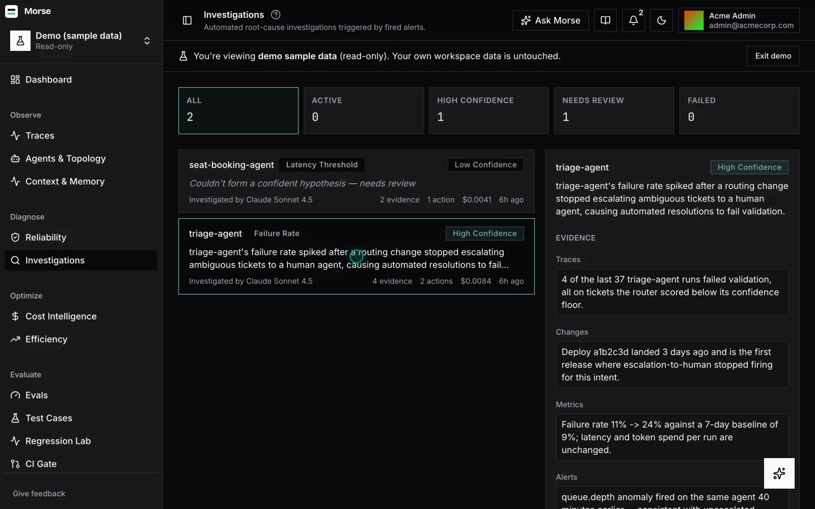 Evidence grouped by traces, changes, metrics and alerts